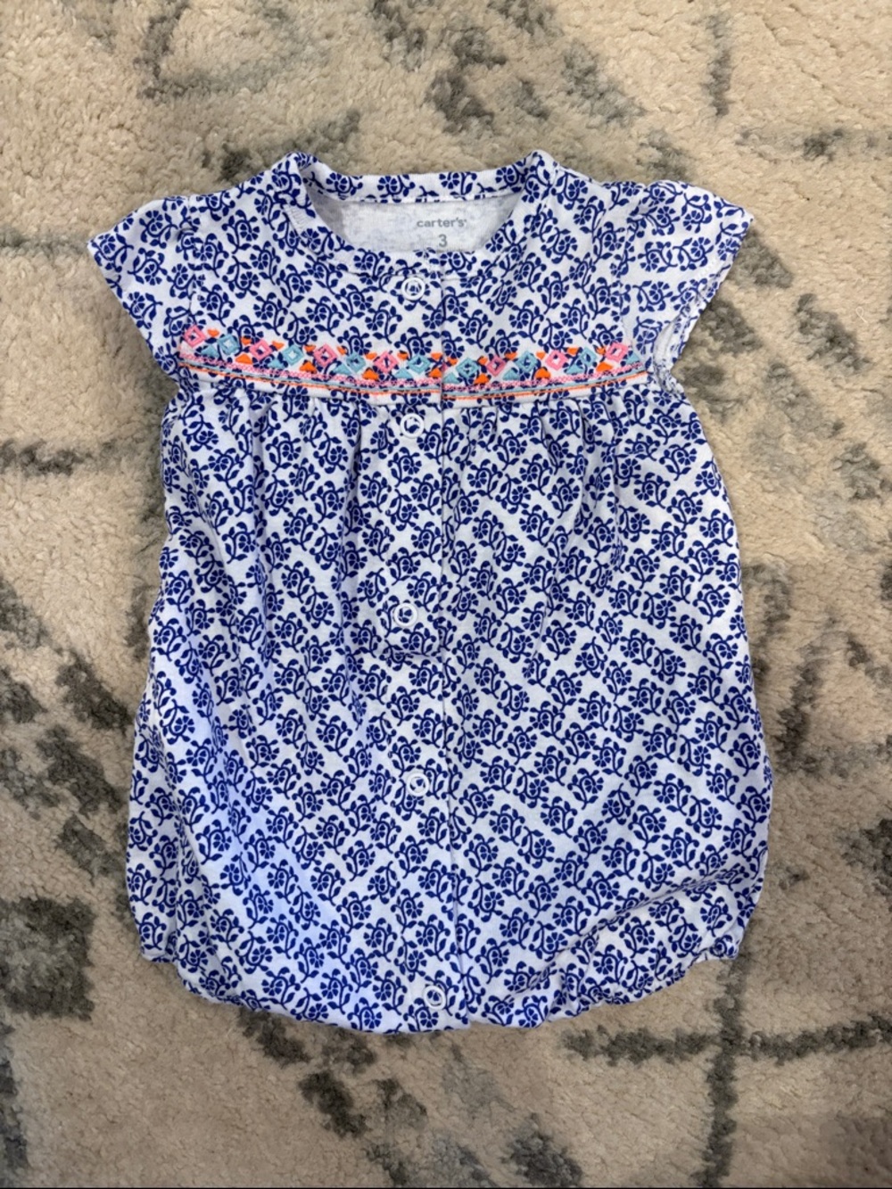 Carter's White and Blue Floral Baby Bubble with Neon Embroidery